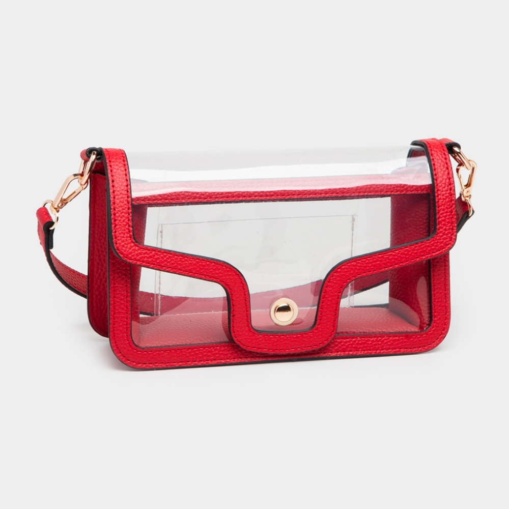 Red Transparent Clear Rectangle Bag Purse Shoulder Leather Casual See Through